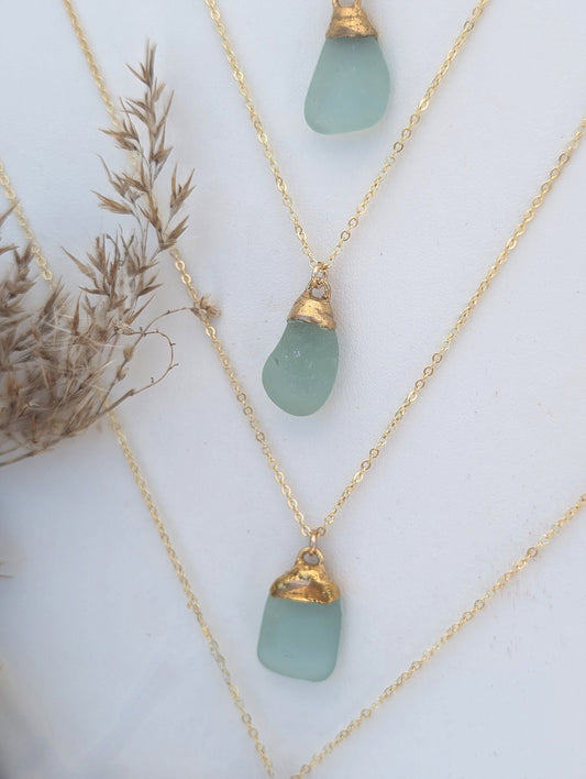 14k Gold Dipped Aqua Seaglass Necklace