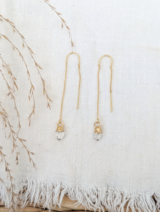 14k gold dipped diamond quartz threader earrings