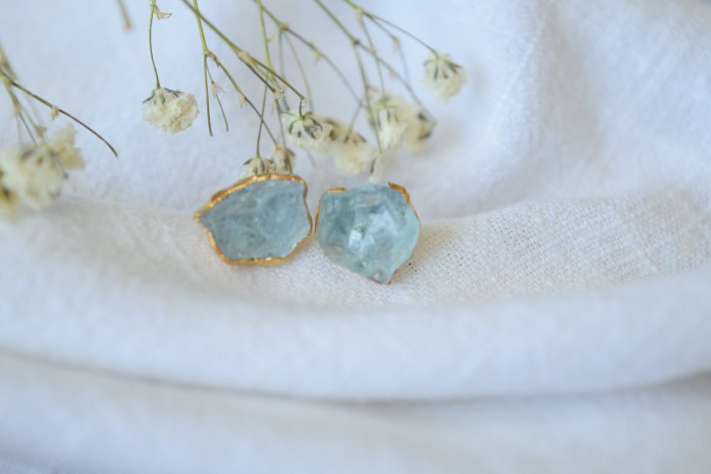 Raw Aquamarine 14k gold studs