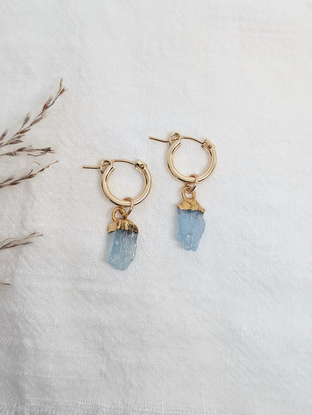 14k Gold Dipped Raw Aquamarine Huggie Hoops