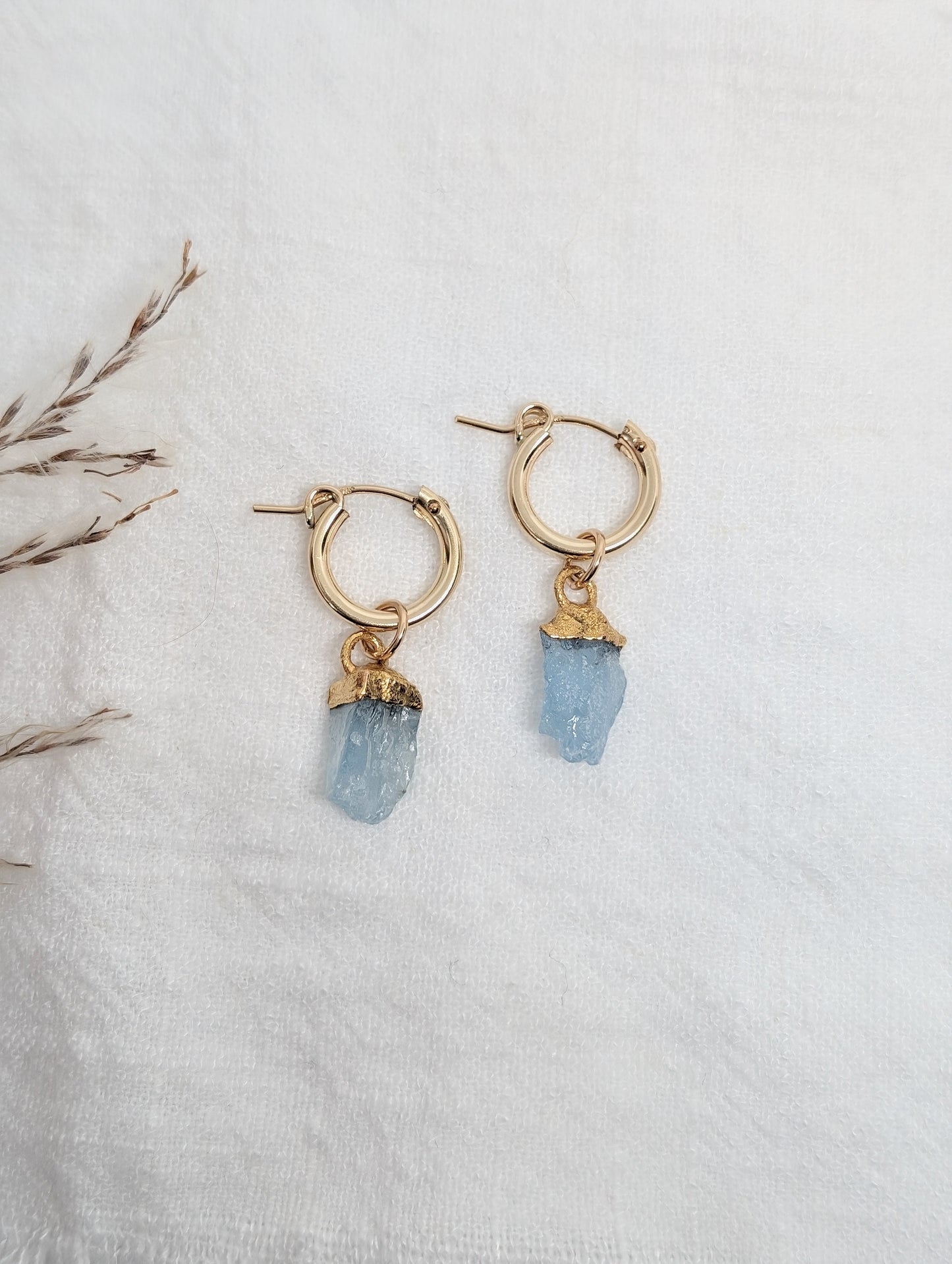 24k Gold Dipped Raw Aquamarine Huggie Hoops