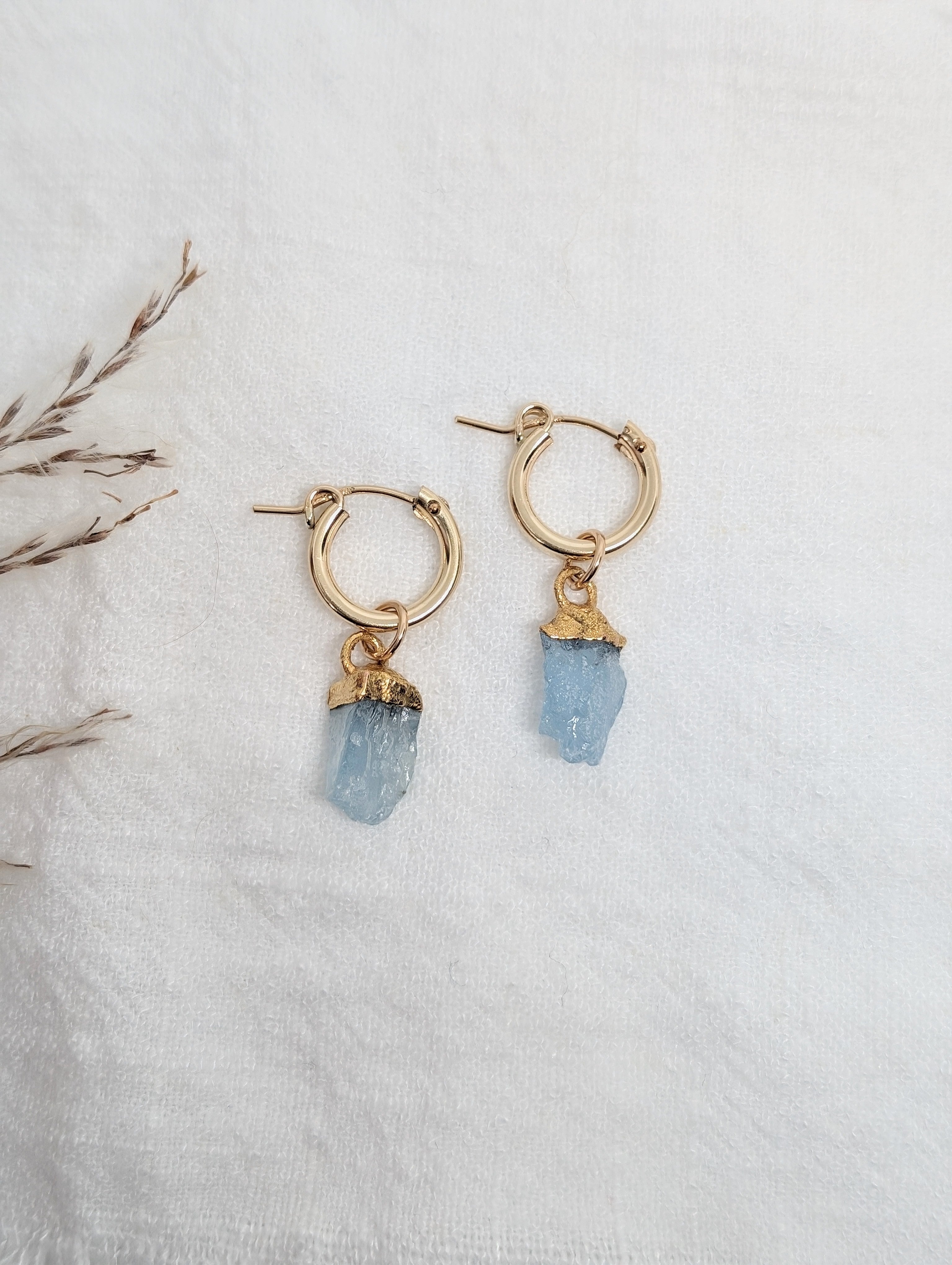 14k Gold Dipped Raw Aquamarine Huggie Hoops
