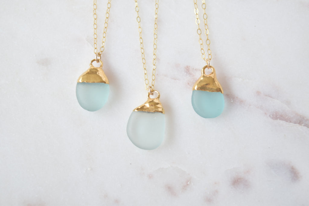 Gold Dipped Aqua Sea Glass Necklace