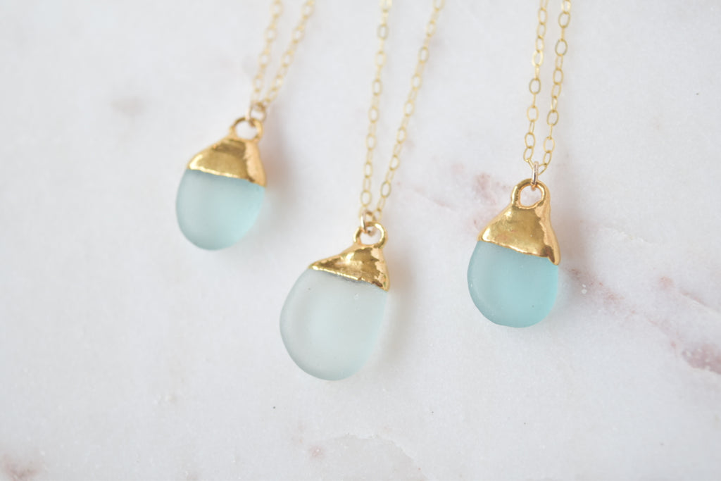 Gold Dipped Aqua Sea Glass Necklace