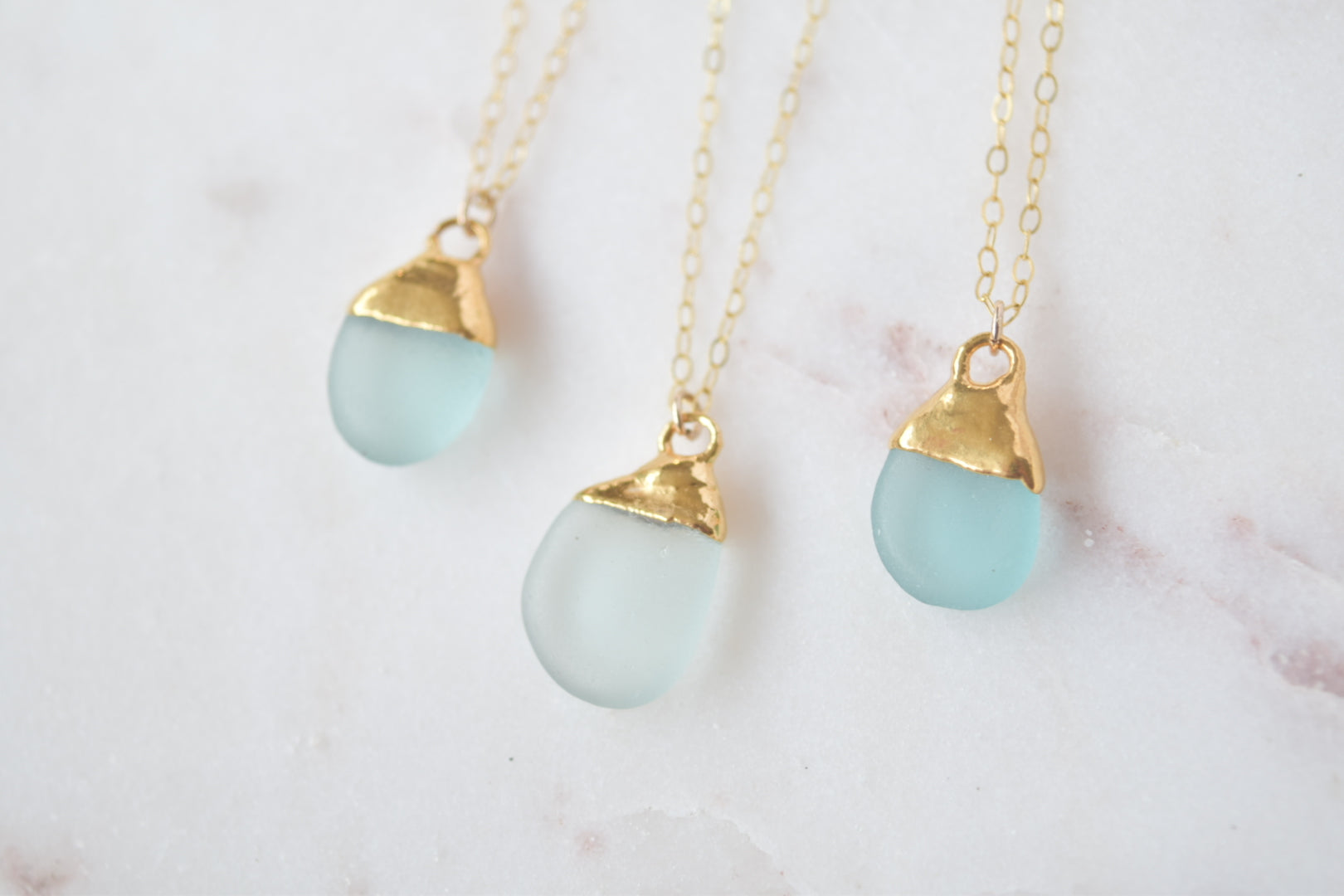 Gold Dipped Aqua Sea Glass Necklace
