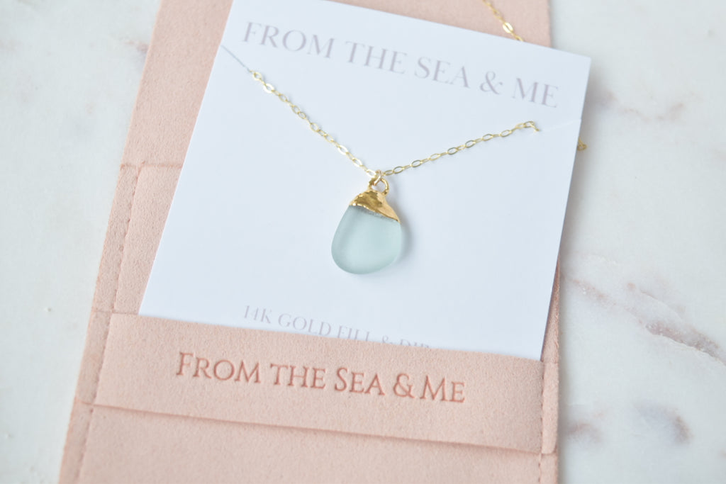 Gold Dipped Aqua Sea Glass Necklace