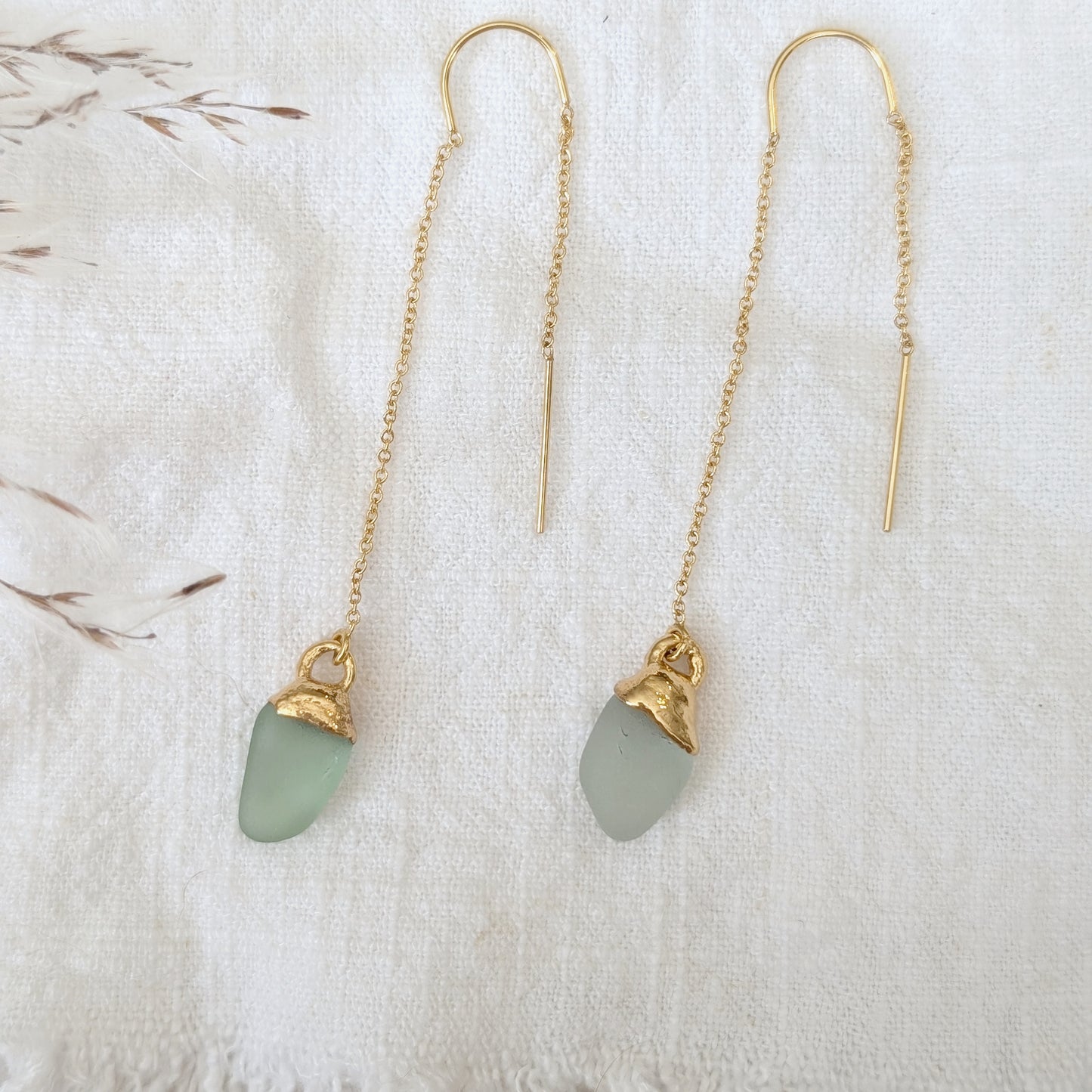 14k gold dipped aqua seaglass threader earrings